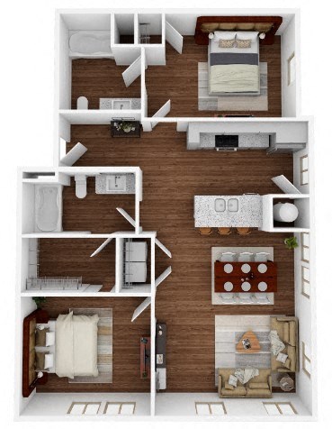 Floor plan for 2 beds, 2 baths, 1045 sqft